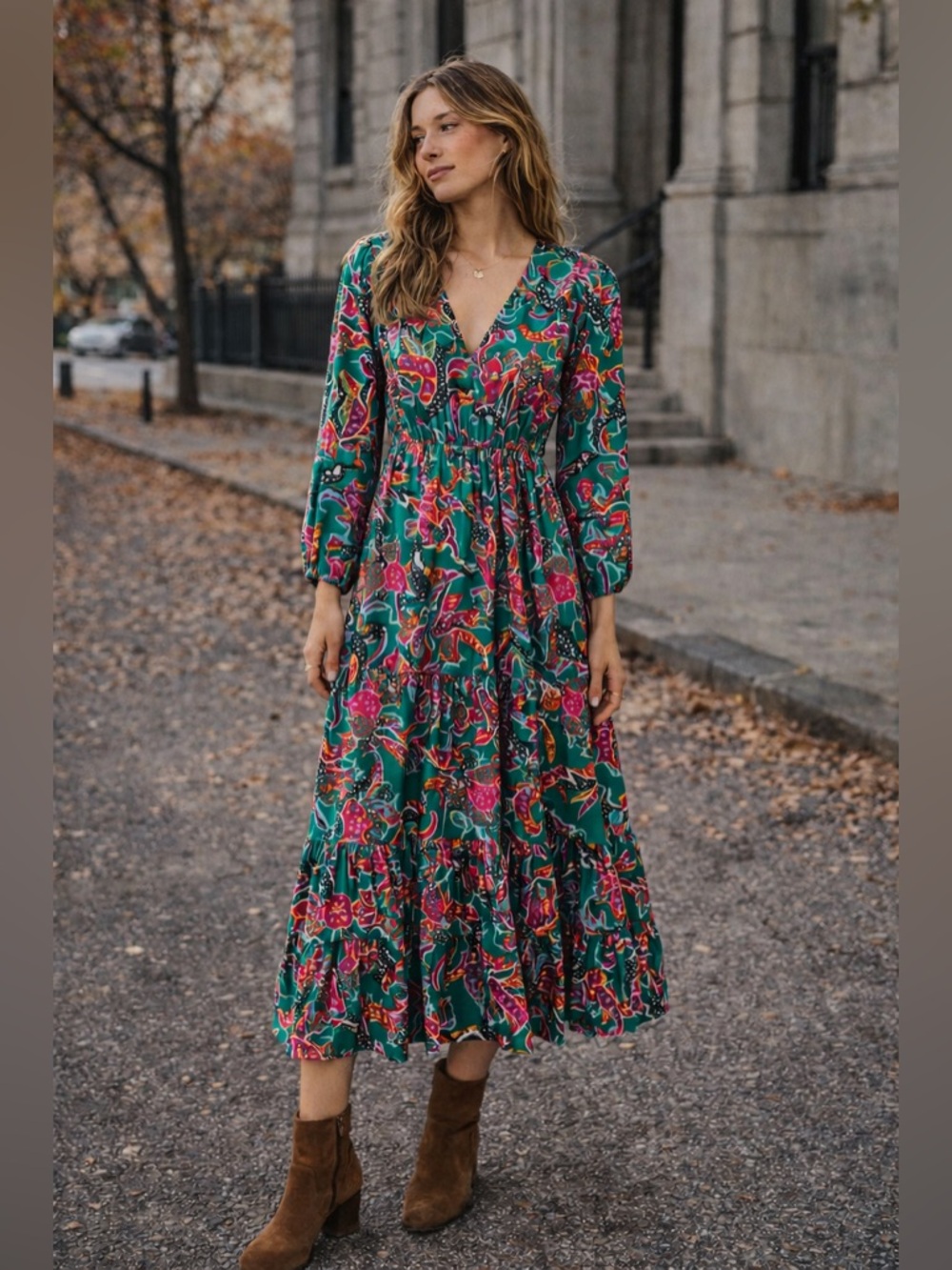 Boemo Teal Pink Paisley Midi Dress Small Boho Tiered Long Sleeve Festival